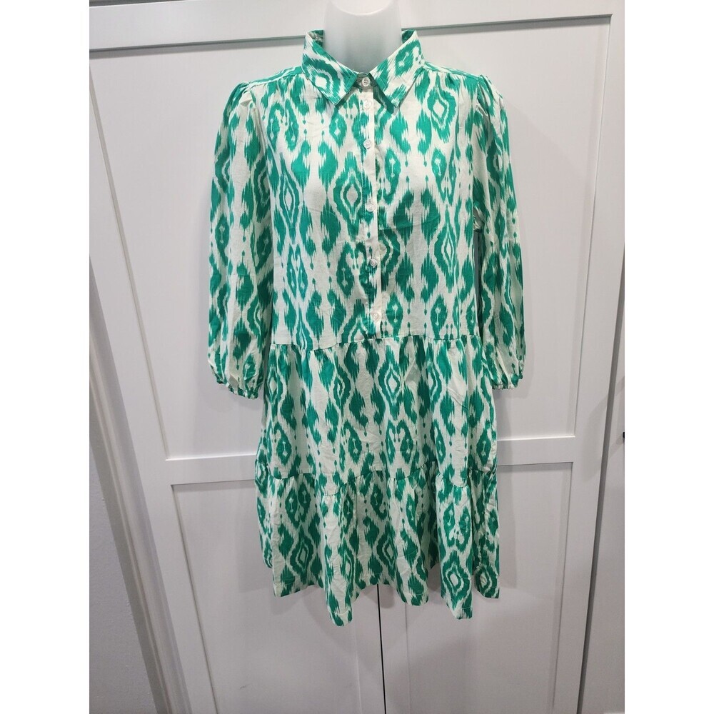 NEW Ellen Tracy Women's Shirt Dress Self Tie Ruffle Hem Size SMALL Green White